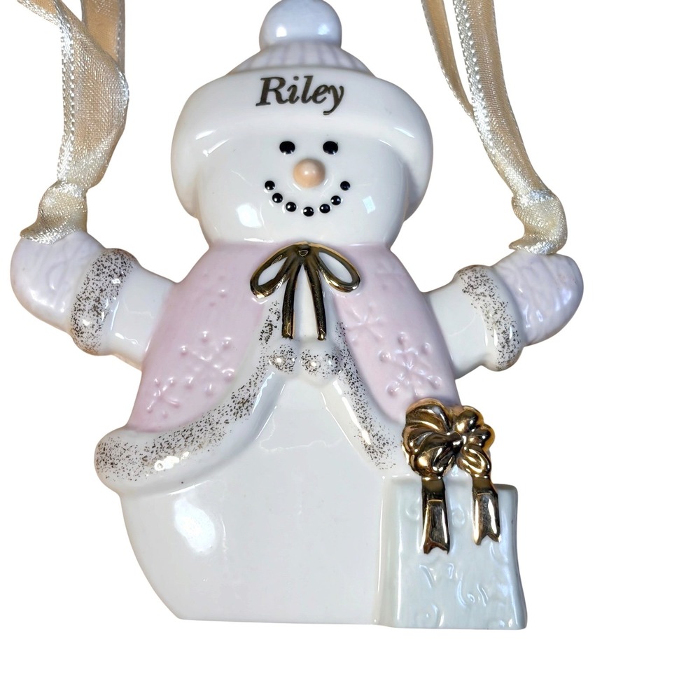 Lenox Ivory Porcelain Personalized Snowman Ornament Pink Coat Gold Accent Rileyโ